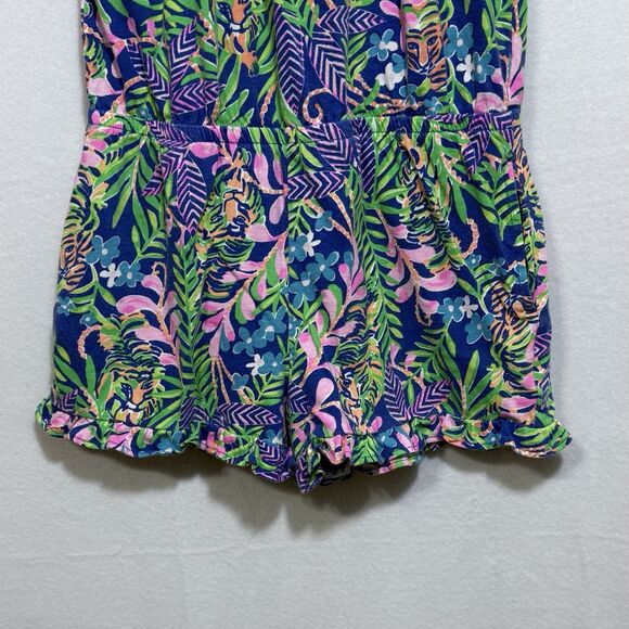 Lilly Pulitzer Brienne Borealis Blue Shorts Romper Girls L Floral Tropical Tiger - Picture 5 of 12
